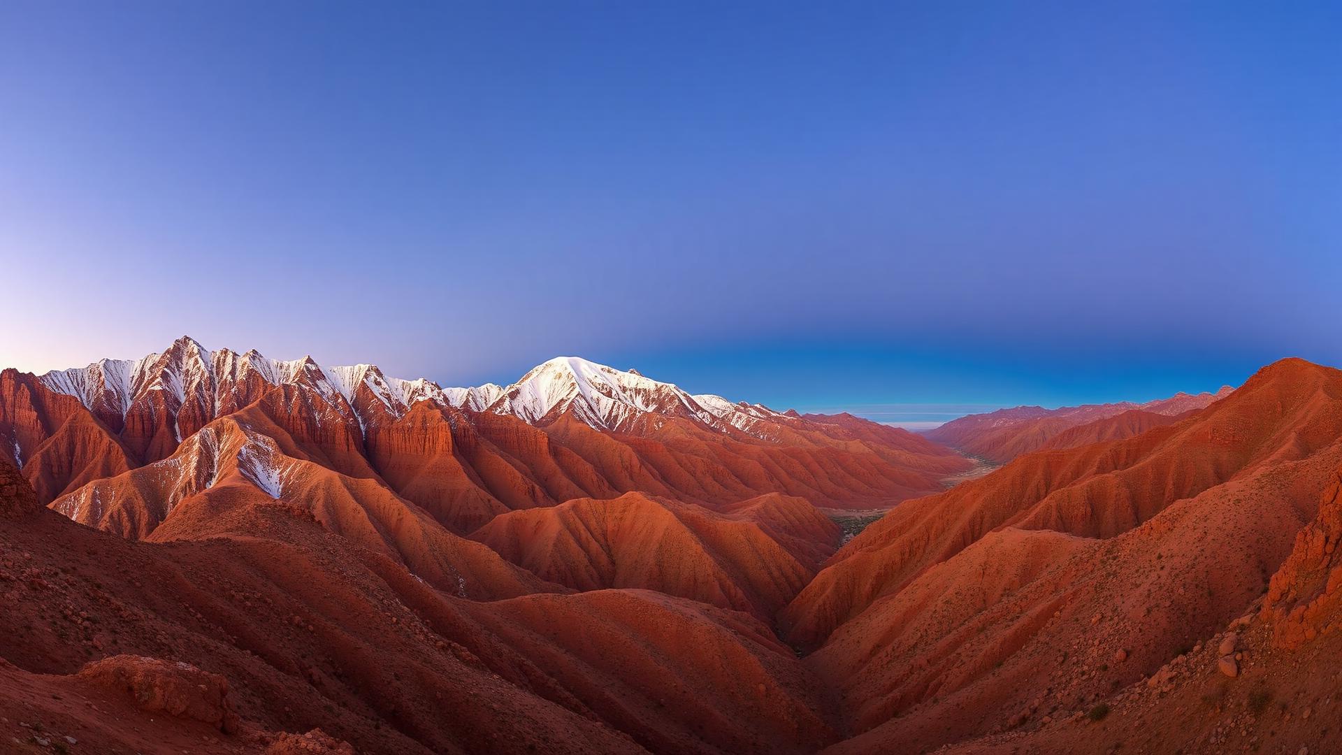 Snow-dusted High Atlas ridgelines near Mount Toubkal at sunrise, Morocco